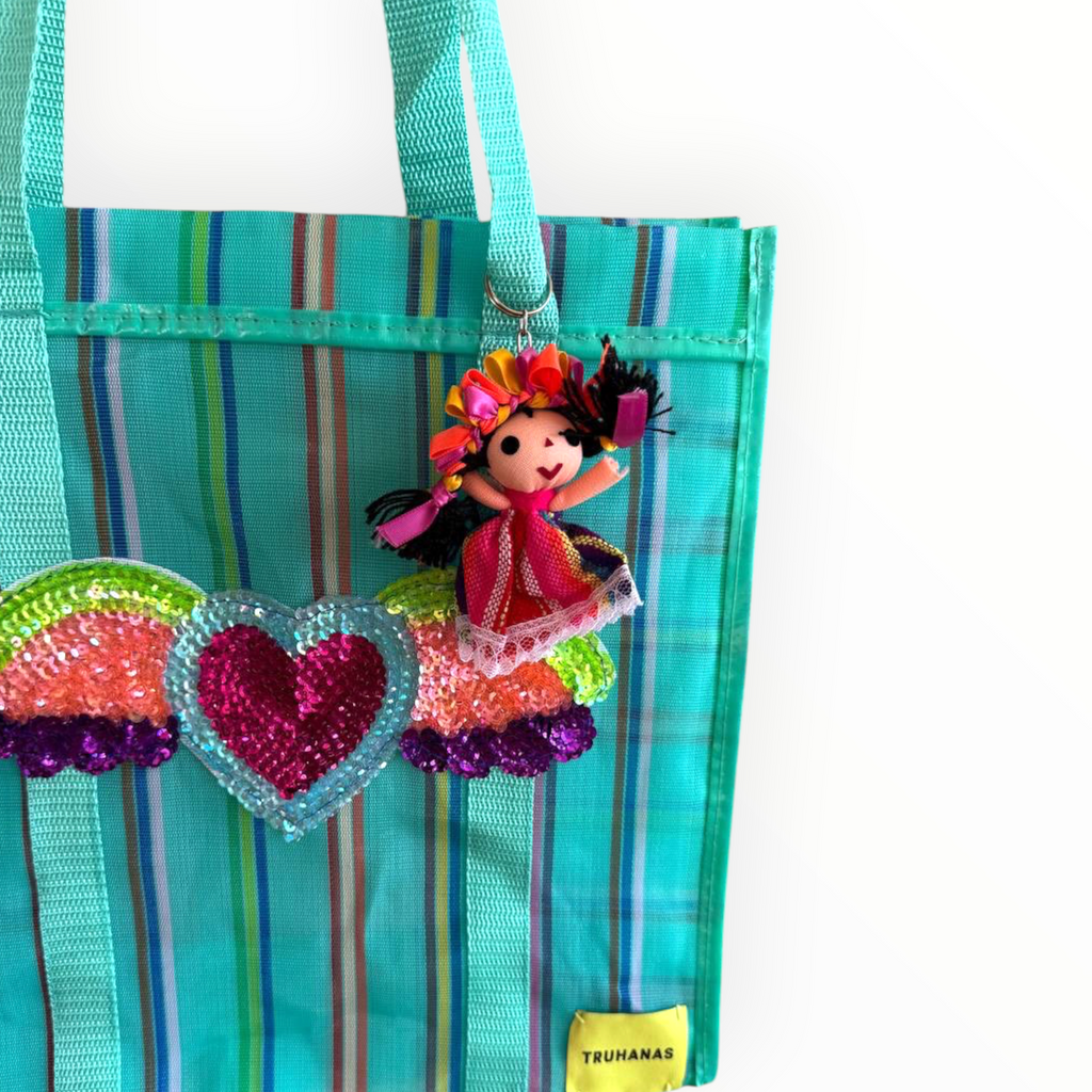 BOLSA TOTE MEDIANA TURQUESA RAYAS CORAZÓN