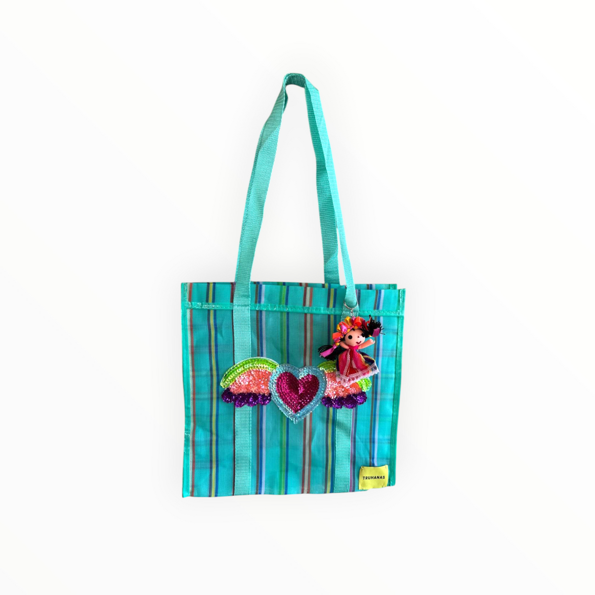 BOLSA TOTE MEDIANA TURQUESA RAYAS CORAZÓN
