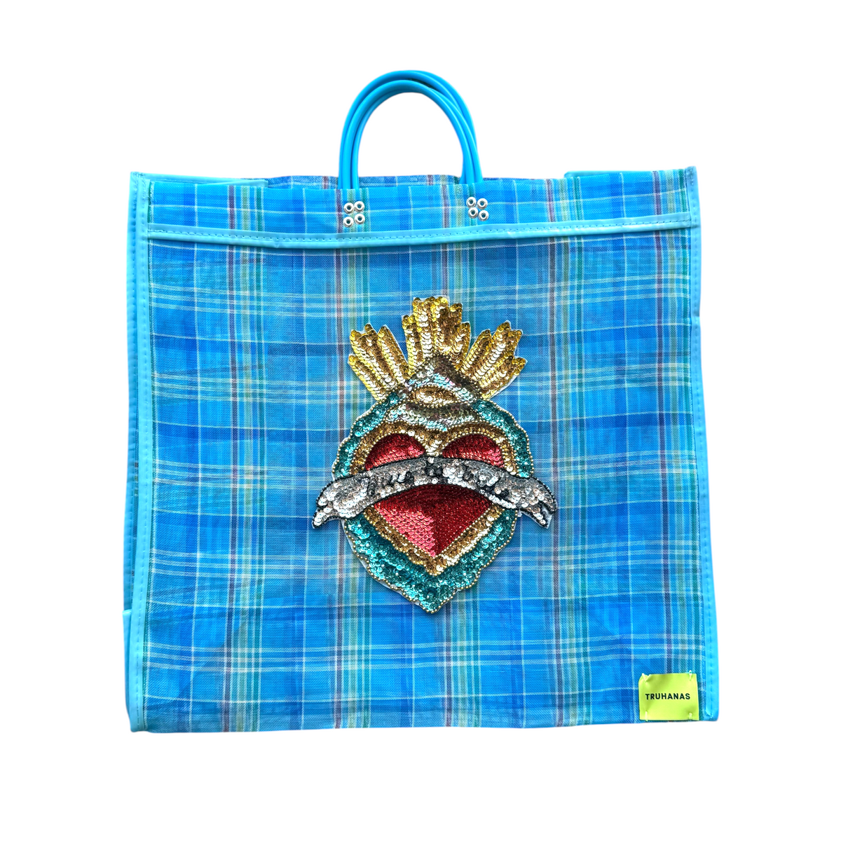 Bolsa tote grande cuadros azul corazón fuego