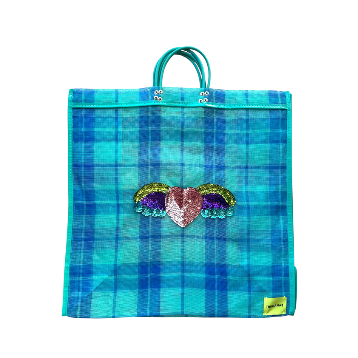 BOLSA TOTE GRANDE CUADROS AZUL CORAZON ALAS