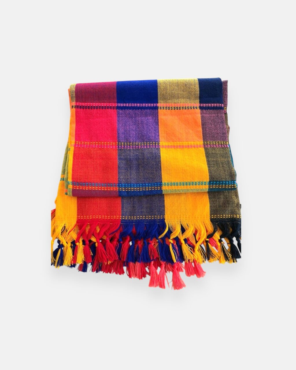 MANTEL MEXICANO PEQUEÑO RAYAS FLECOS AZUL ROJO