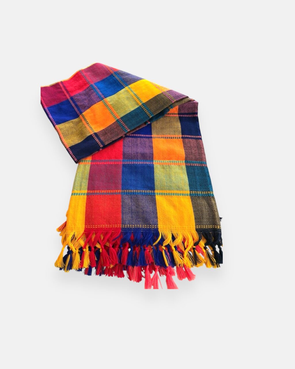 MANTEL MEXICANO PEQUEÑO RAYAS FLECOS AZUL ROJO